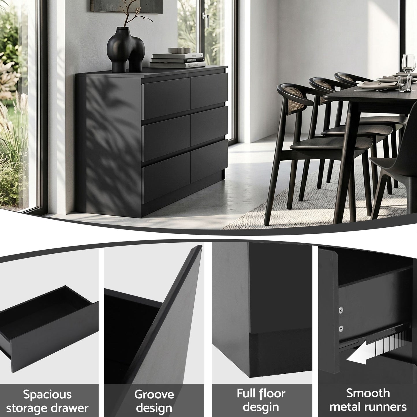 Artiss 6 Chest of Drawers Lowboy Black FURNI-N-CDR-02-BK-AB
