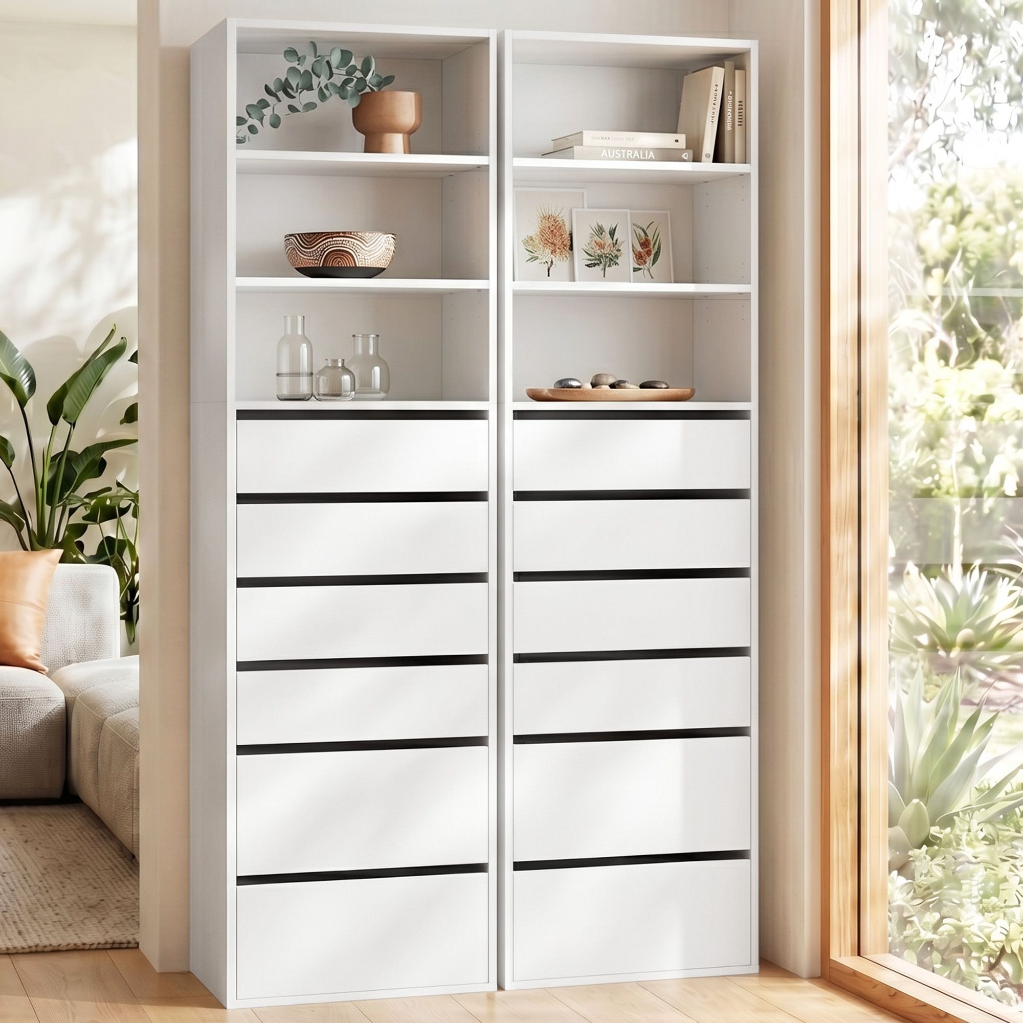 Artiss 2x Chest of 6 Drawers Tallboy Cabinet Adjustable Shelf White FURNI-N-CDR-6D3S-WHX2