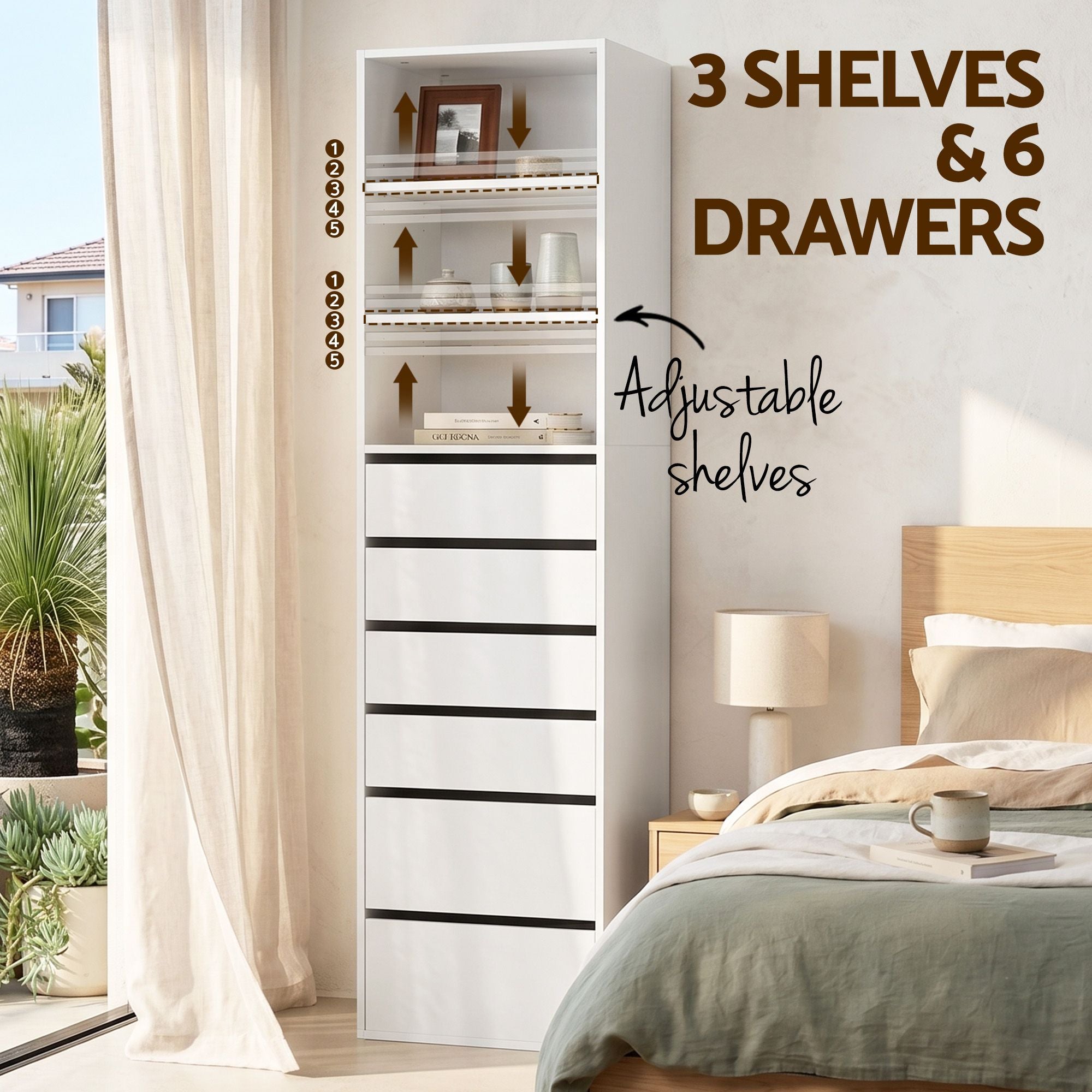 Artiss 2x Chest of 6 Drawers Tallboy Cabinet Adjustable Shelf White FURNI-N-CDR-6D3S-WHX2