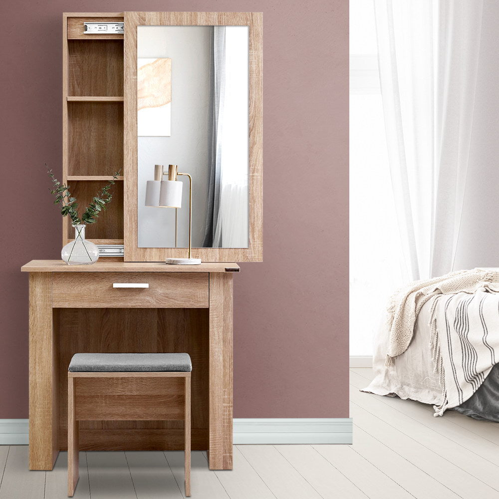 Artiss Dressing Table Stool Set Sliding Mirror Oak Demi FURNI-N-DRESS01-WD-AB