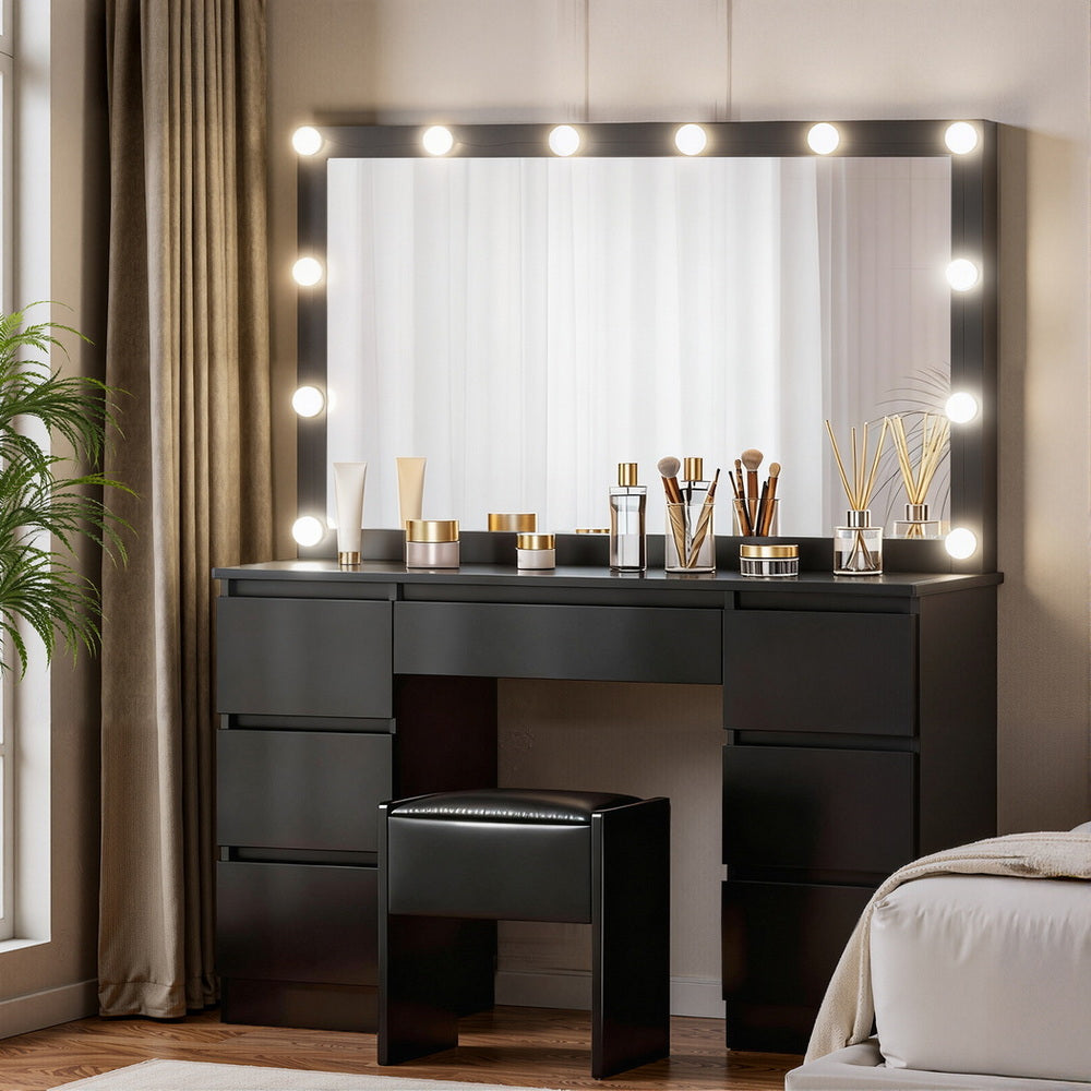 Artiss Dressing Table Vanity Desk Set Stool 12 Led Bulbs Black FURNI-N-DRESS02-LED-BK-AB