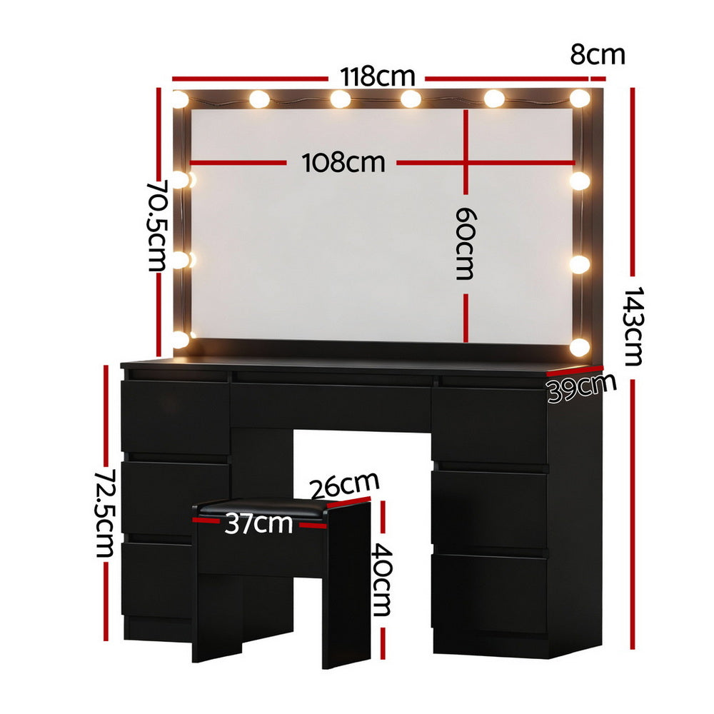 Artiss Dressing Table Vanity Desk Set Stool 12 Led Bulbs Black FURNI-N-DRESS02-LED-BK-AB