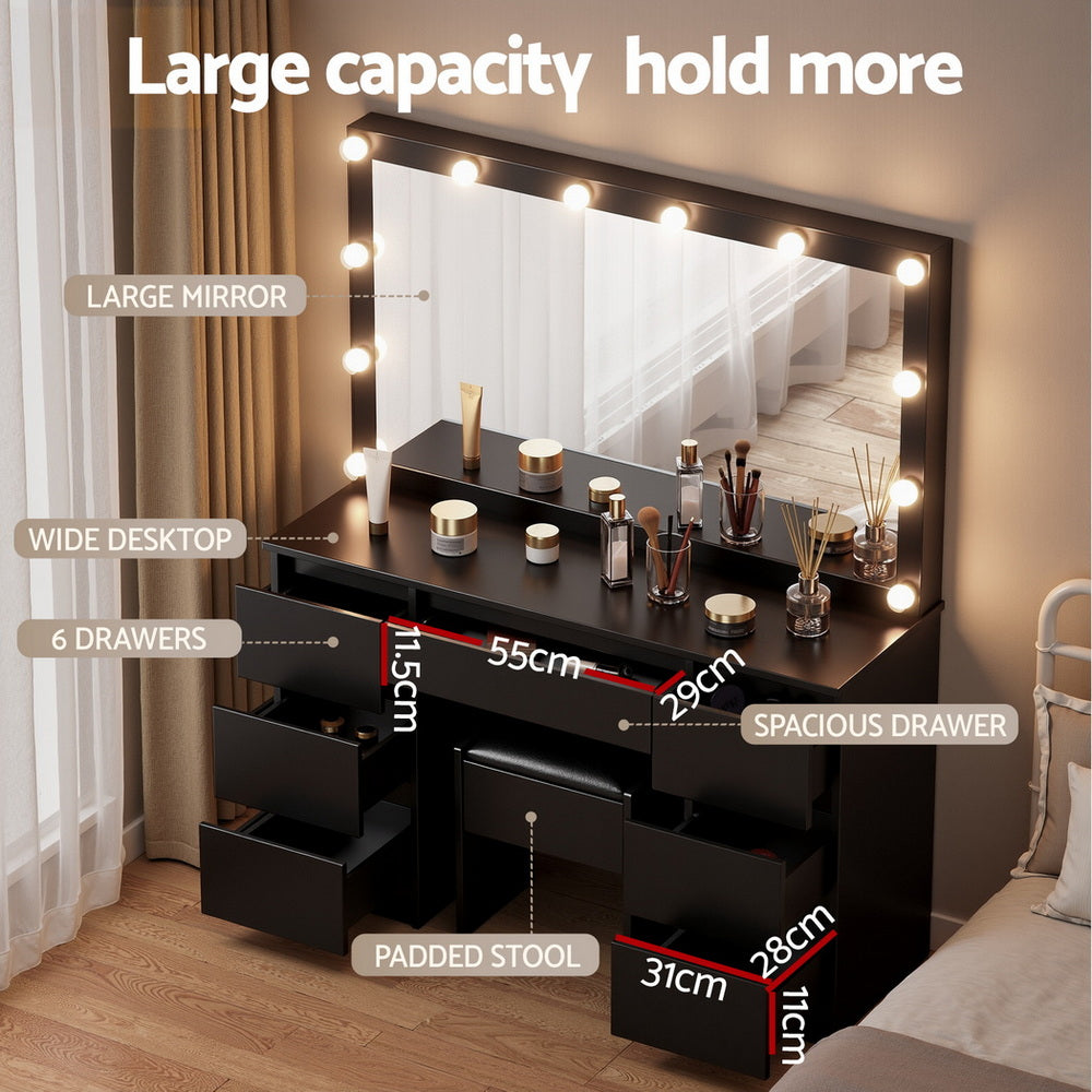 Artiss Dressing Table Vanity Desk Set Stool 12 Led Bulbs Black FURNI-N-DRESS02-LED-BK-AB