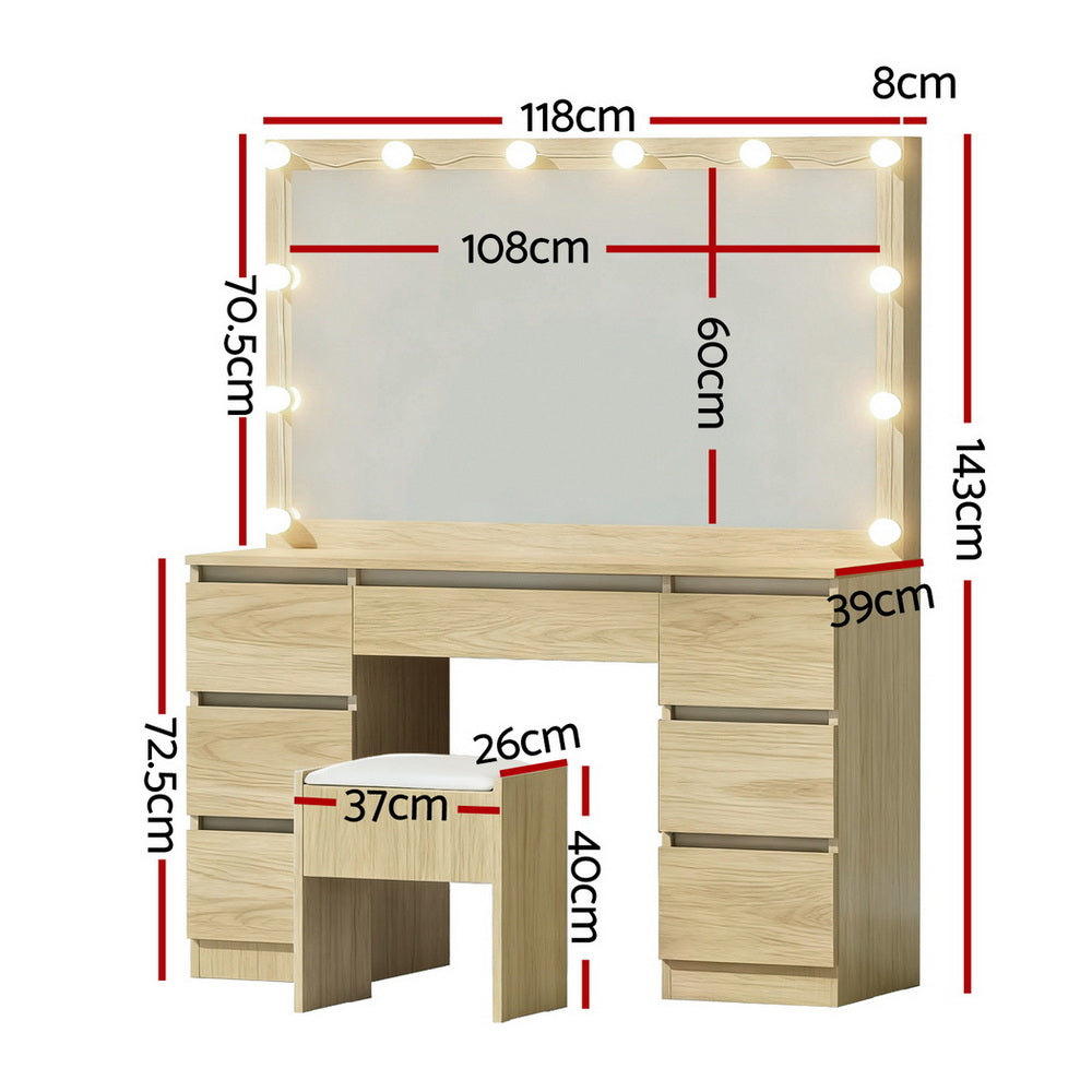 Artiss Dressing Table Vanity Desk Set Stool 12 Led Bulbs Wood FURNI-N-DRESS02-LED-WD-AB