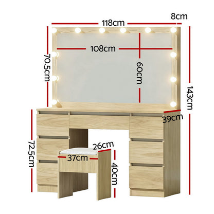 Artiss Dressing Table Vanity Desk Set Stool 12 Led Bulbs Wood FURNI-N-DRESS02-LED-WD-AB
