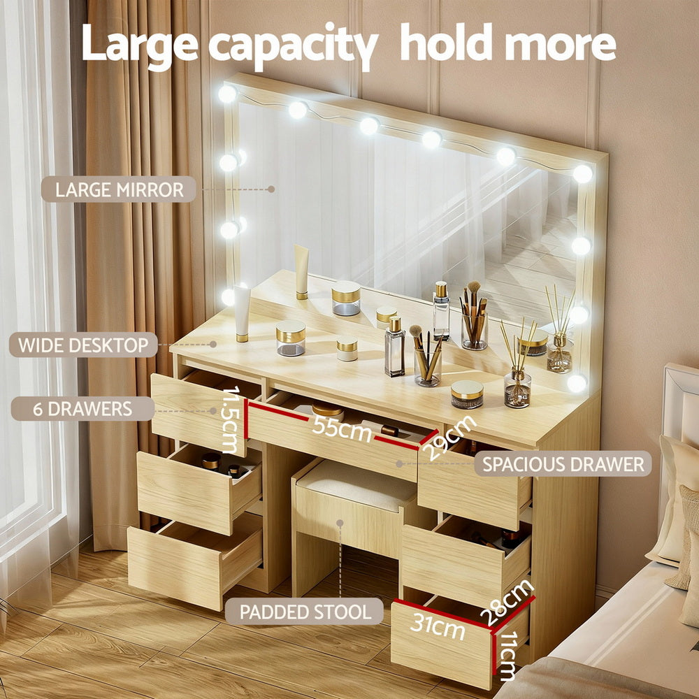 Artiss Dressing Table Vanity Desk Set Stool 12 Led Bulbs Wood FURNI-N-DRESS02-LED-WD-AB