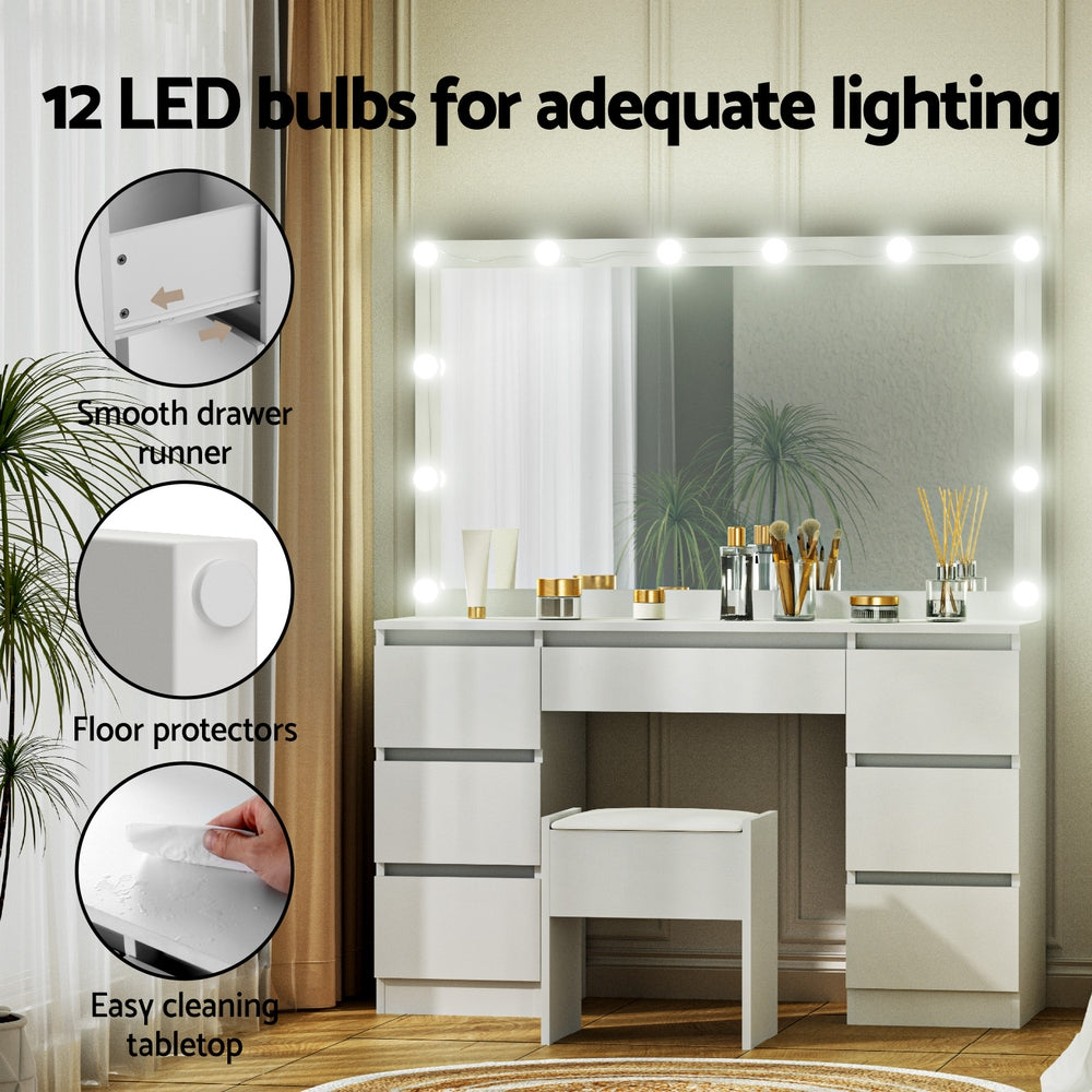 Artiss Dressing Table Vanity Desk Set Stool 12 Led Bulbs White FURNI-N-DRESS02-LED-WH-AB