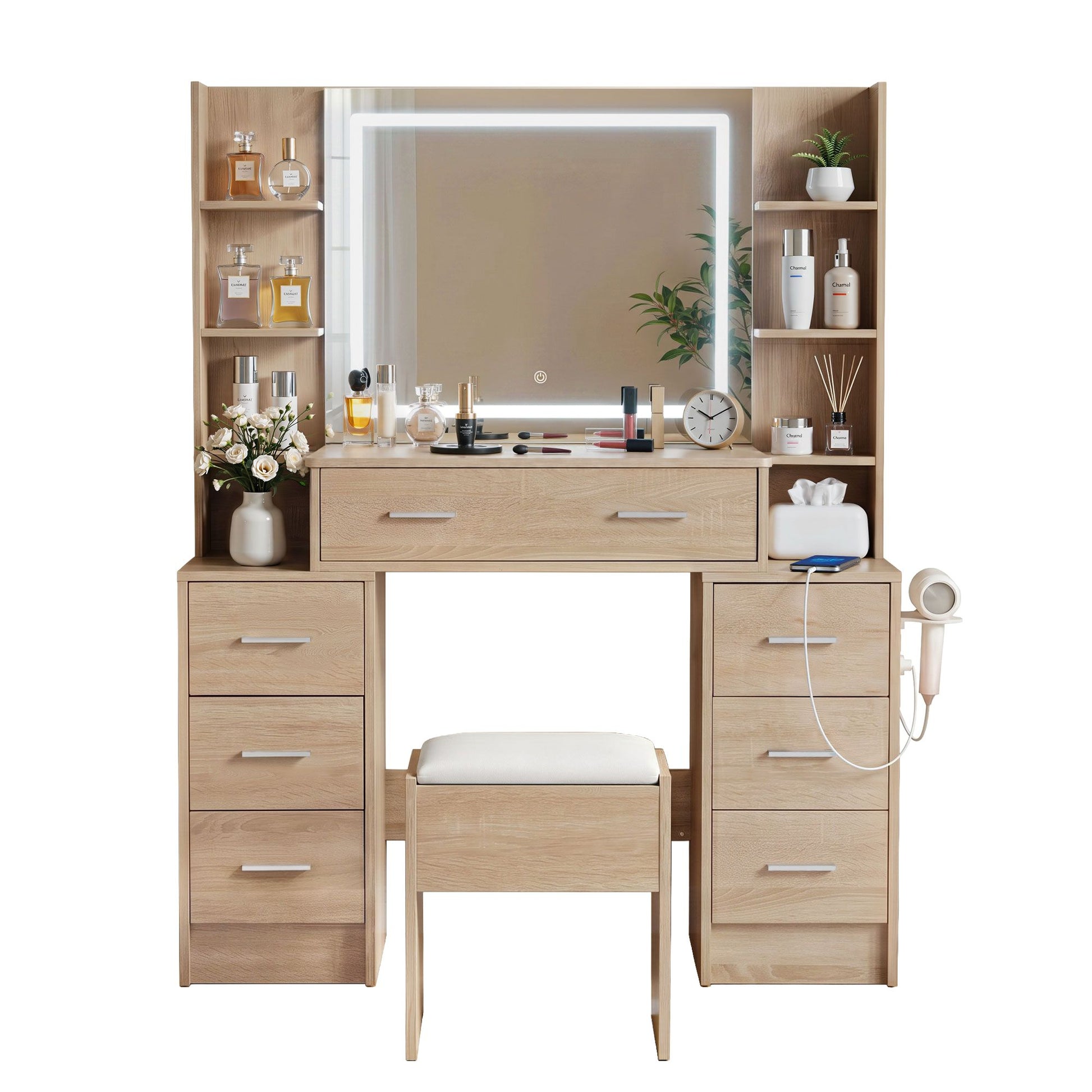 Artiss Dressing Table Vanity Desk Set Stool LED Charging Station Wood FURNI-N-DRESS03-WD-ABC