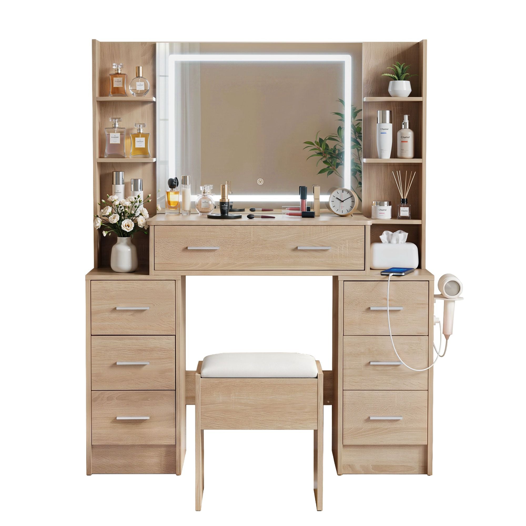 Artiss Dressing Table Vanity Desk Set Stool LED Charging Station Wood FURNI-N-DRESS03-WD-ABC