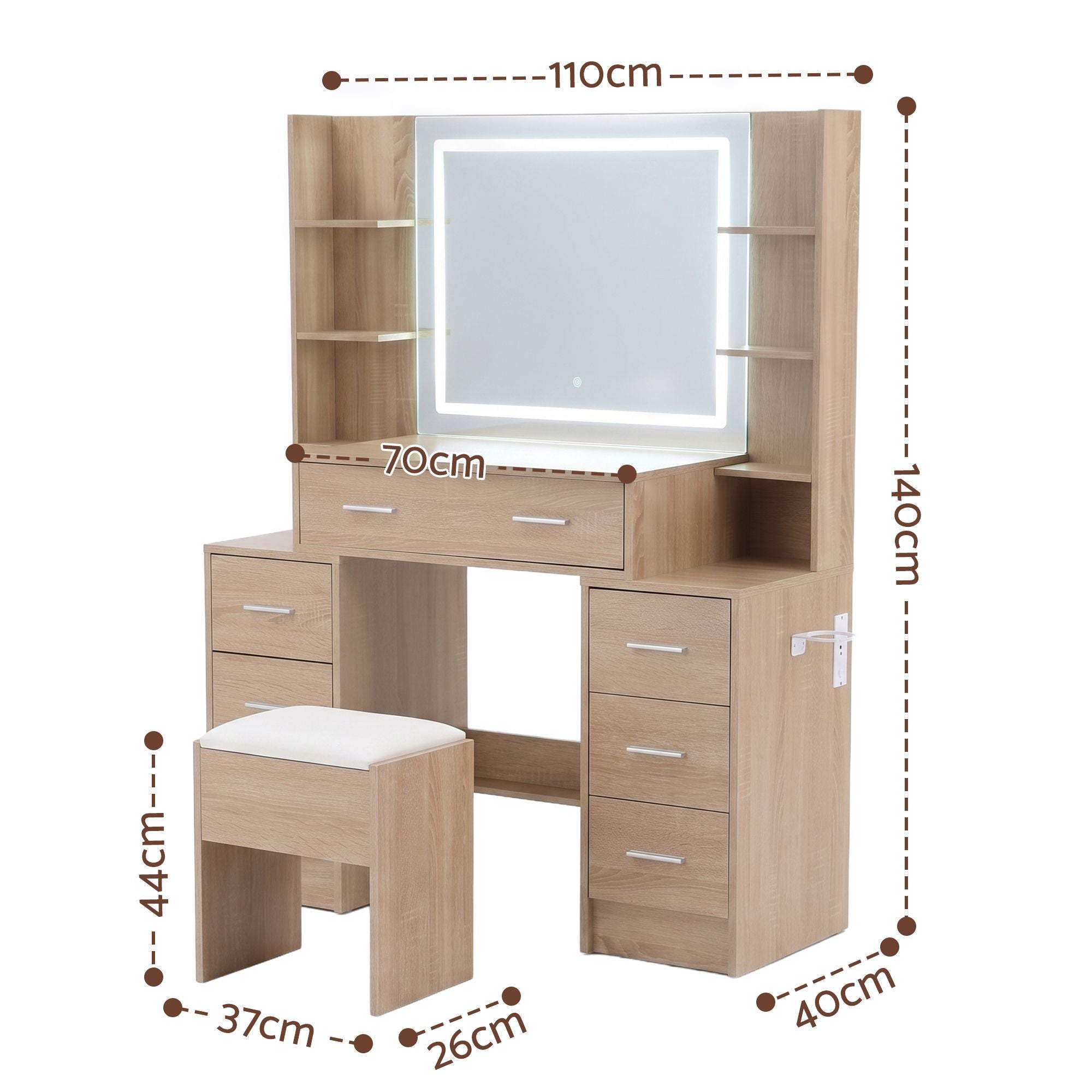 Artiss Dressing Table Vanity Desk Set Stool LED Charging Station Wood FURNI-N-DRESS03-WD-ABC