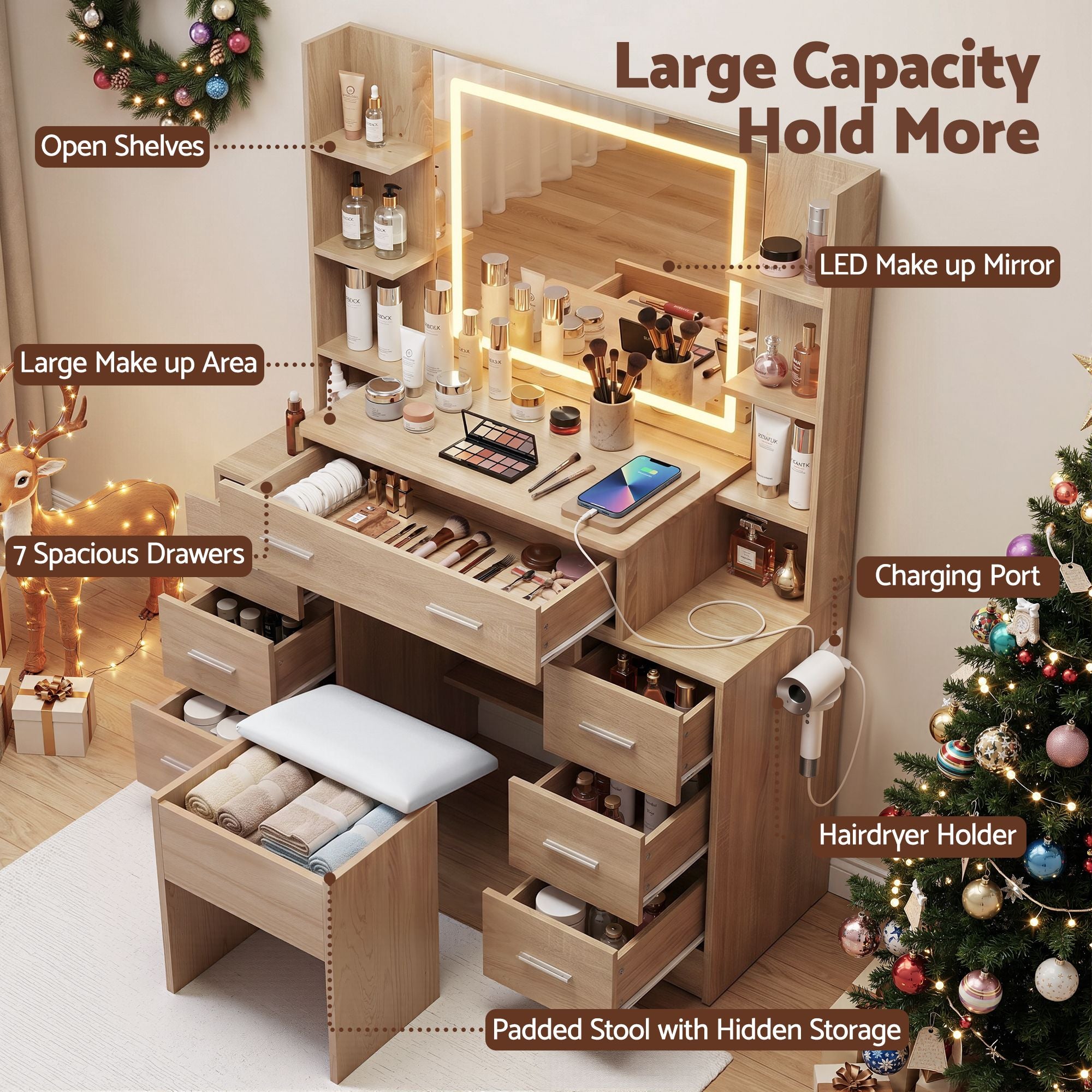 Artiss Dressing Table Vanity Desk Set Stool LED Charging Station Wood FURNI-N-DRESS03-WD-ABC