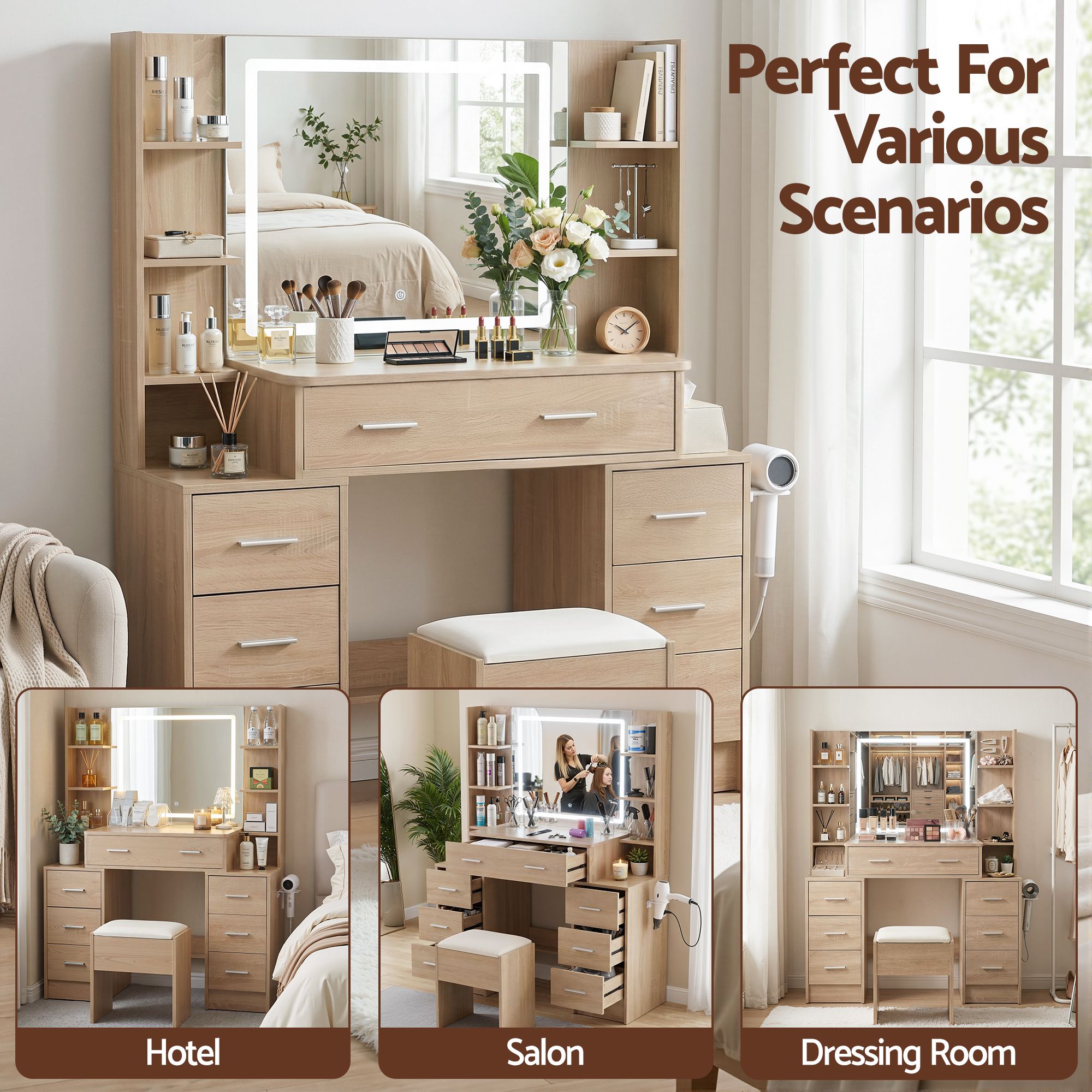 Artiss Dressing Table Vanity Desk Set Stool LED Charging Station Wood FURNI-N-DRESS03-WD-ABC