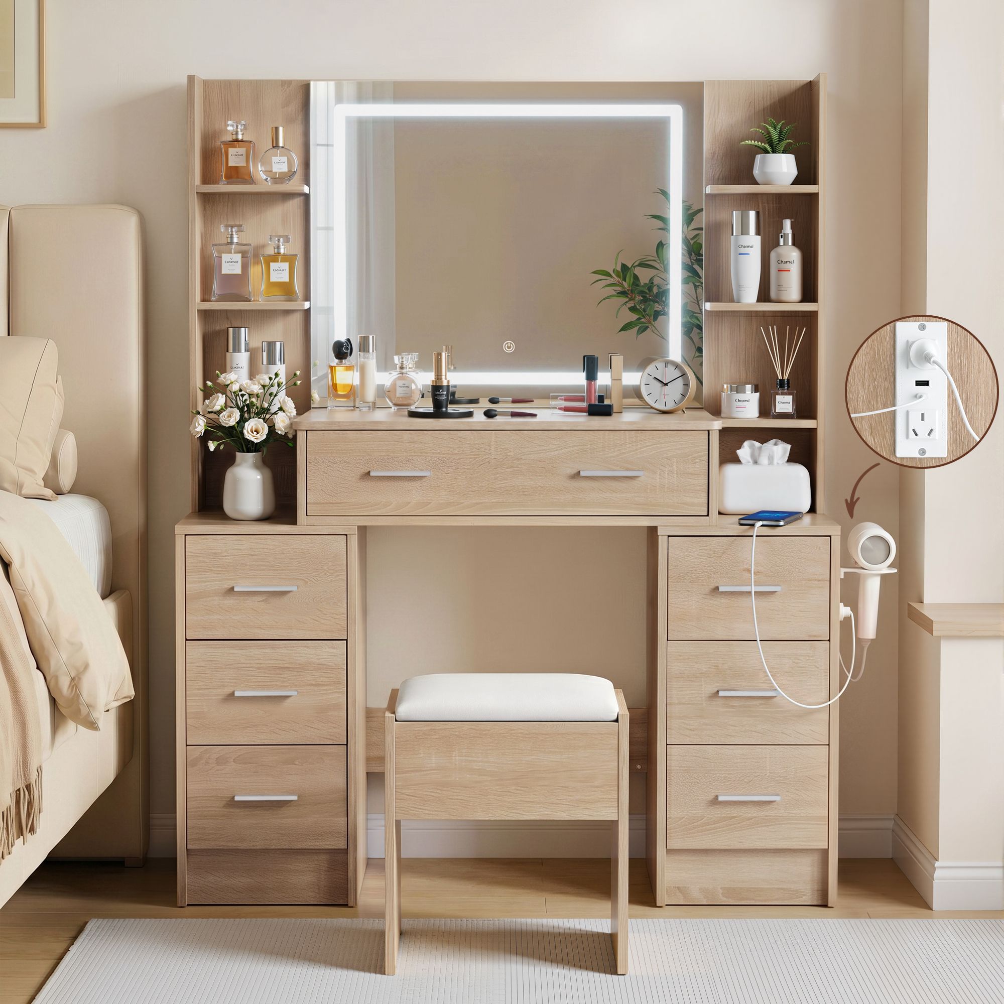 Artiss Dressing Table Vanity Desk Set Stool LED Charging Station Wood FURNI-N-DRESS03-WD-ABC