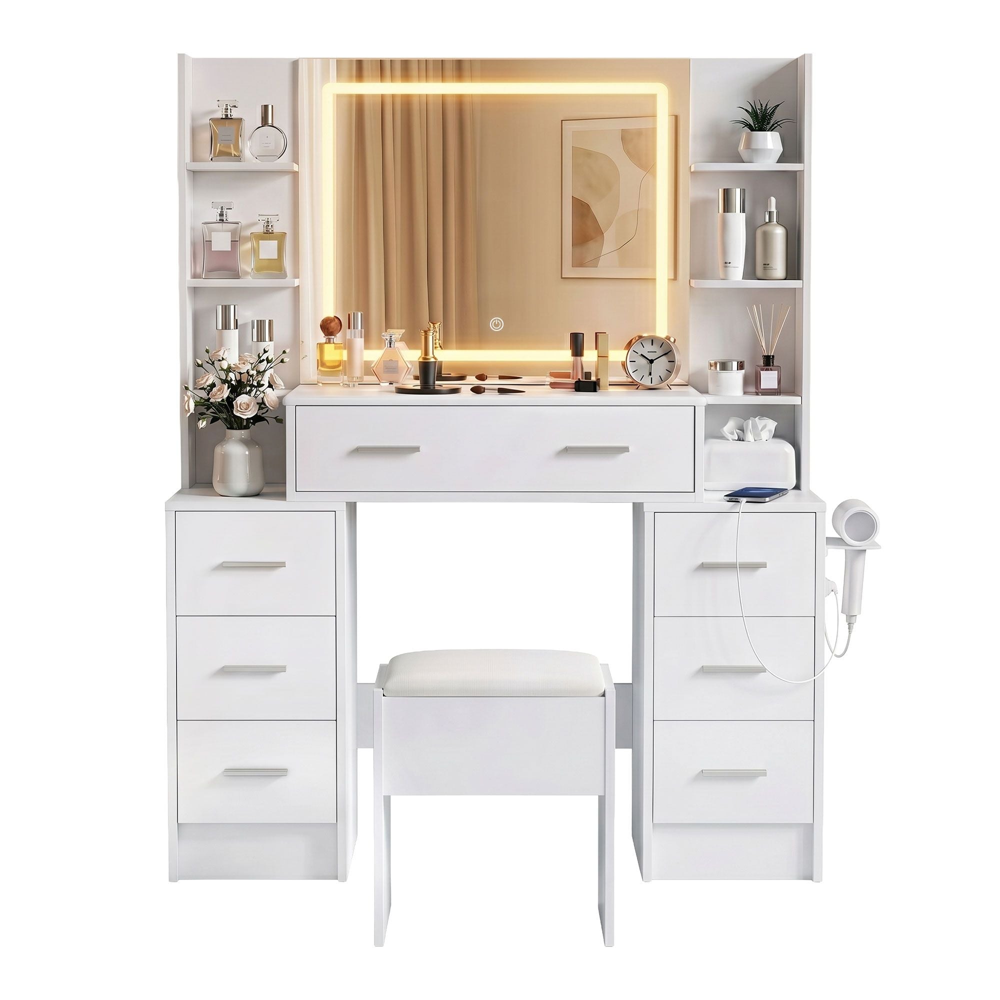 Artiss Dressing Table Vanity Desk Set Stool LED Charging Station White FURNI-N-DRESS03-WH-ABC