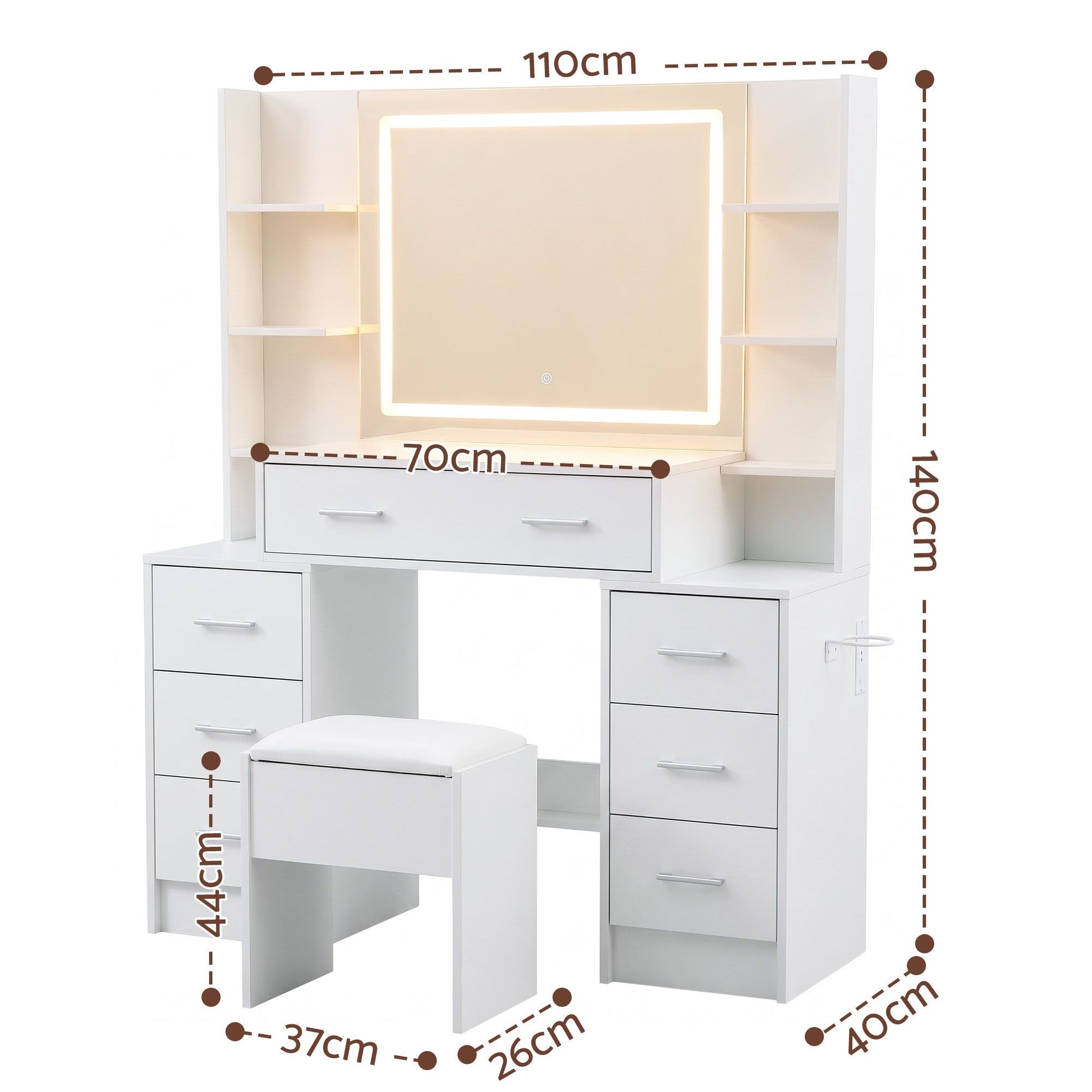 Artiss Dressing Table Vanity Desk Set Stool LED Charging Station White FURNI-N-DRESS03-WH-ABC