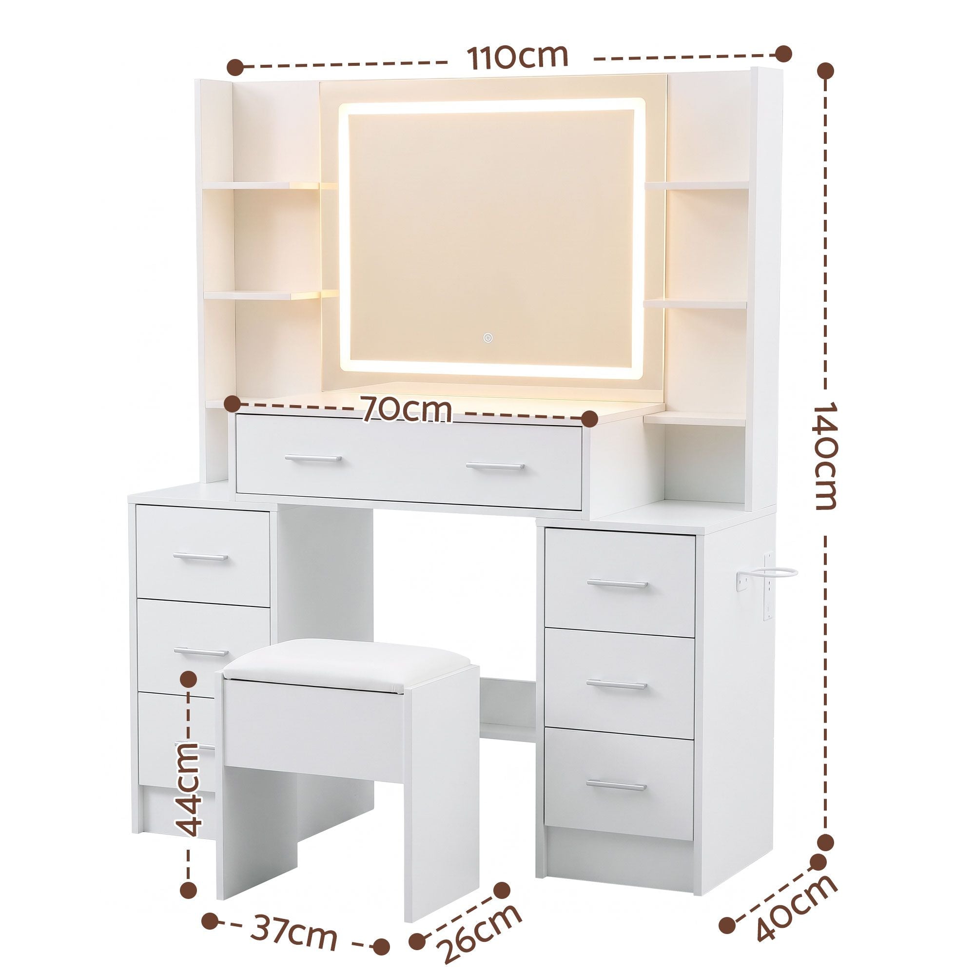 Artiss Dressing Table Vanity Desk Set Stool LED Charging Station White FURNI-N-DRESS03-WH-ABC