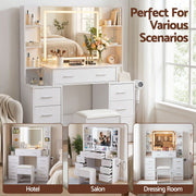 Artiss Dressing Table Vanity Desk Set Stool LED Charging Station White FURNI-N-DRESS03-WH-ABC