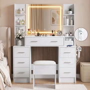 Artiss Dressing Table Vanity Desk Set Stool LED Charging Station White FURNI-N-DRESS03-WH-ABC