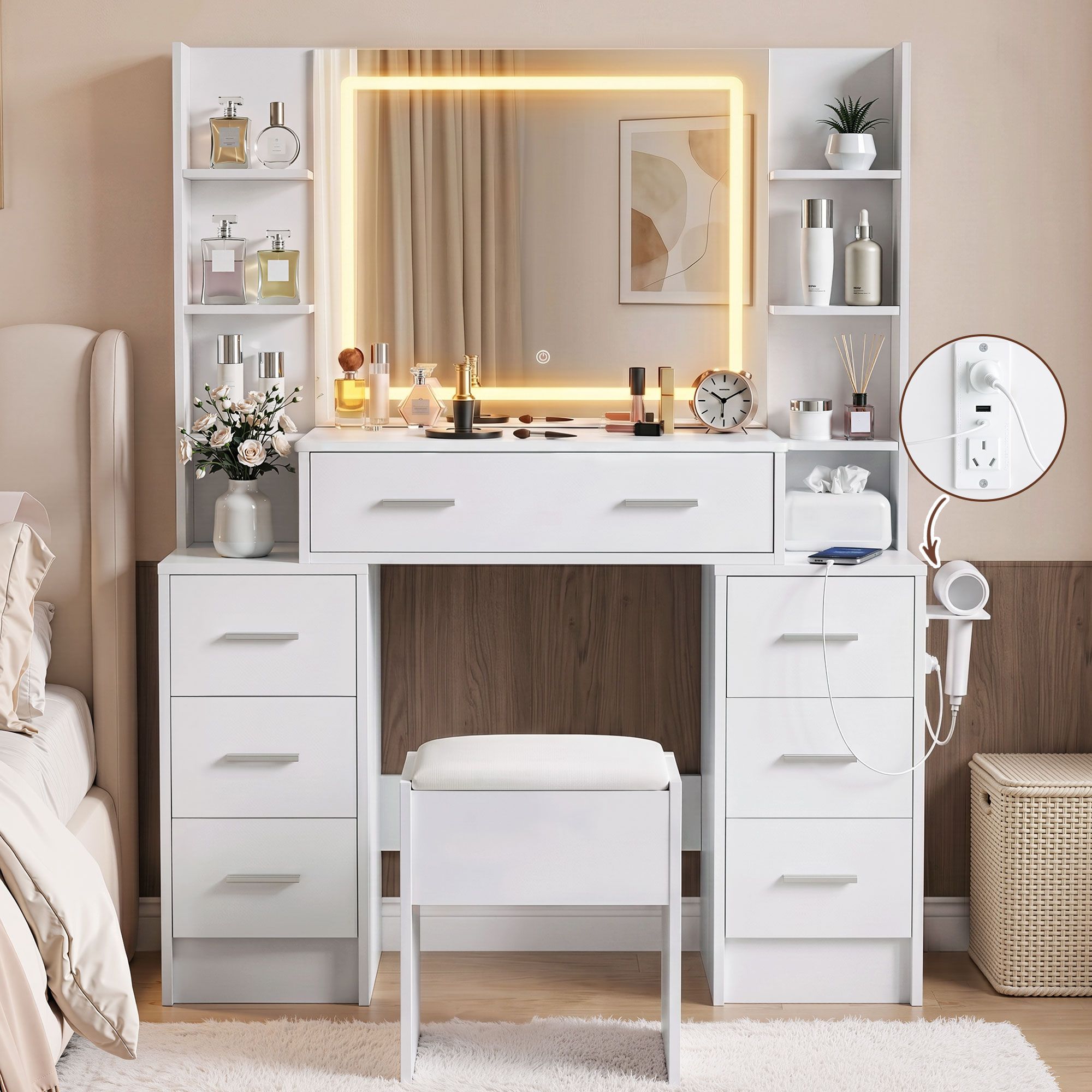 Artiss Dressing Table Vanity Desk Set Stool LED Charging Station White FURNI-N-DRESS03-WH-ABC