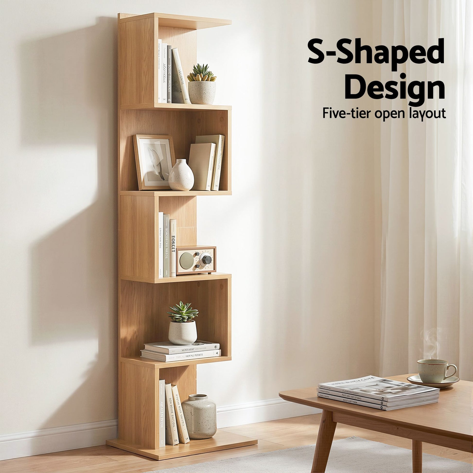 Artiss 5 Tiers Bookshelf S-shaped Bookcase Oak FURNI-N-DS-5T-WD