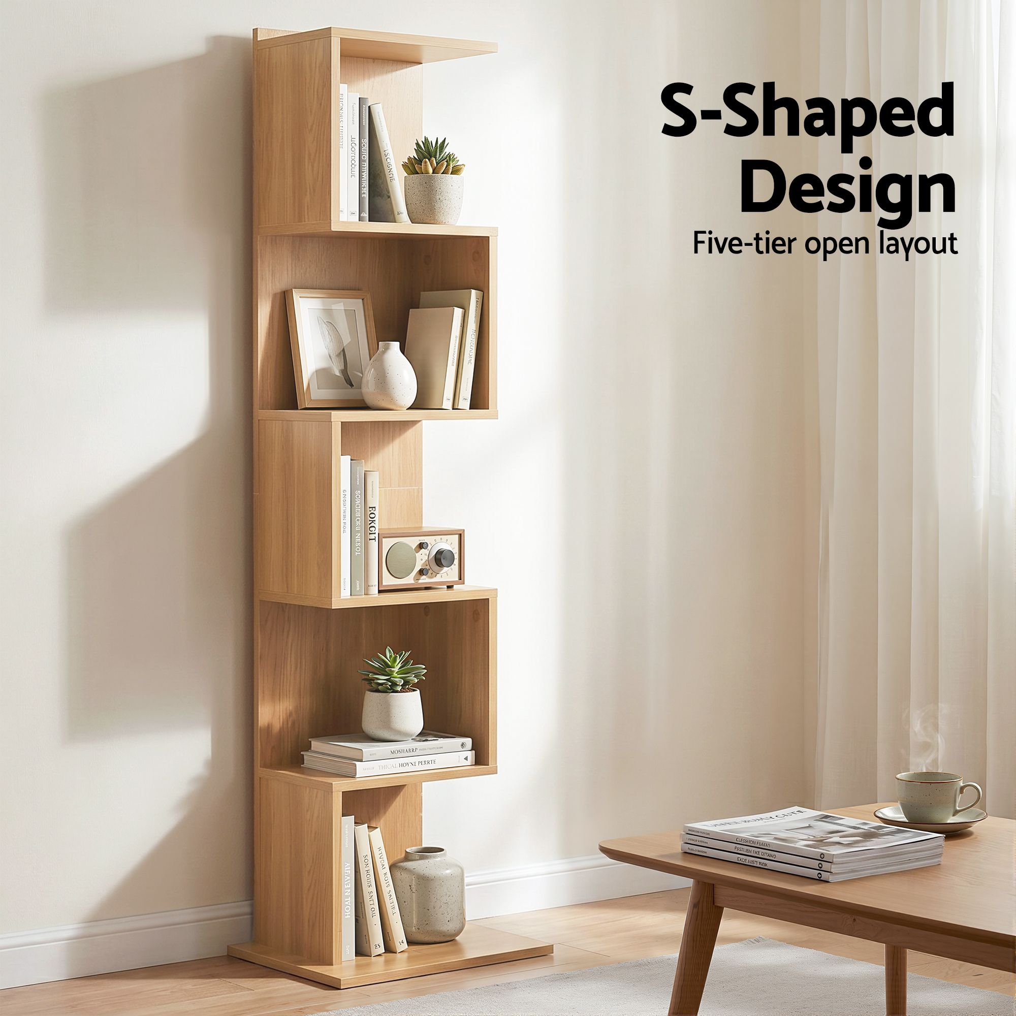 Artiss 5 Tiers Bookshelf S-shaped Bookcase Oak FURNI-N-DS-5T-WD