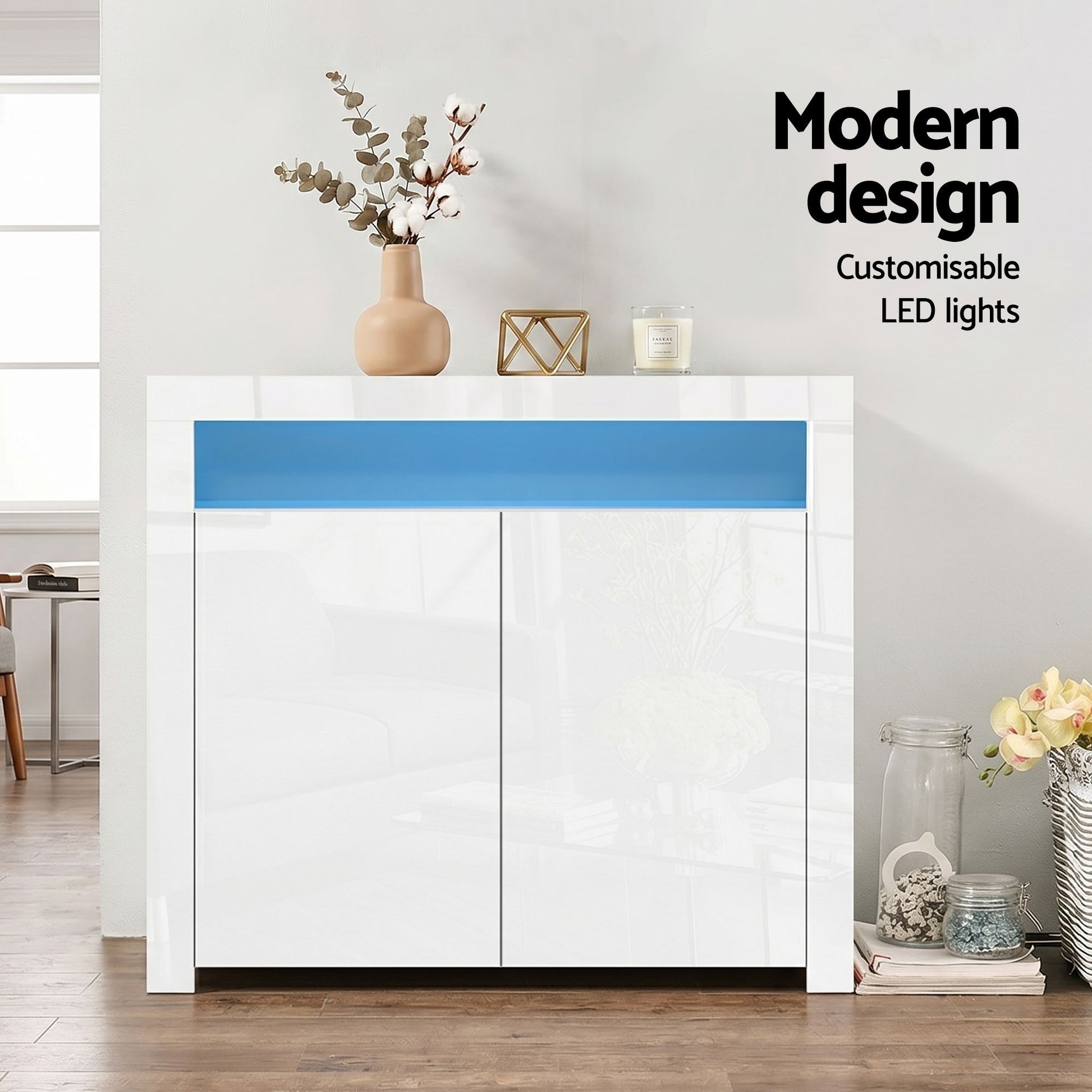 Artiss 2x Buffet Sideboard Cabinet LED Cupboard High-Gloss Storage Pantry ARNO FURNI-N-LED-SID01-WH-ABX2