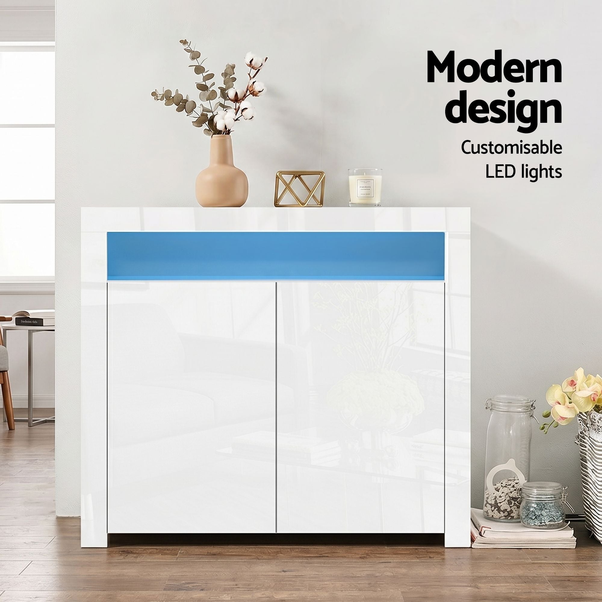 Artiss 2x Buffet Sideboard Cabinet LED Cupboard High-Gloss Storage Pantry ARNO FURNI-N-LED-SID01-WH-ABX2