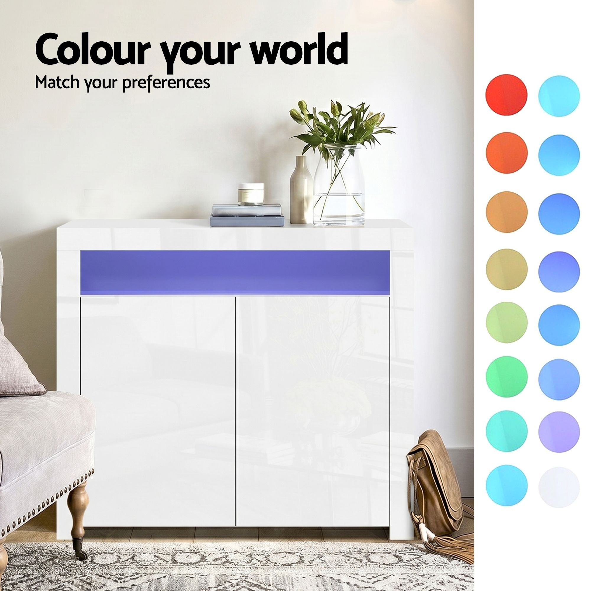 Artiss 2x Buffet Sideboard Cabinet LED Cupboard High-Gloss Storage Pantry ARNO FURNI-N-LED-SID01-WH-ABX2