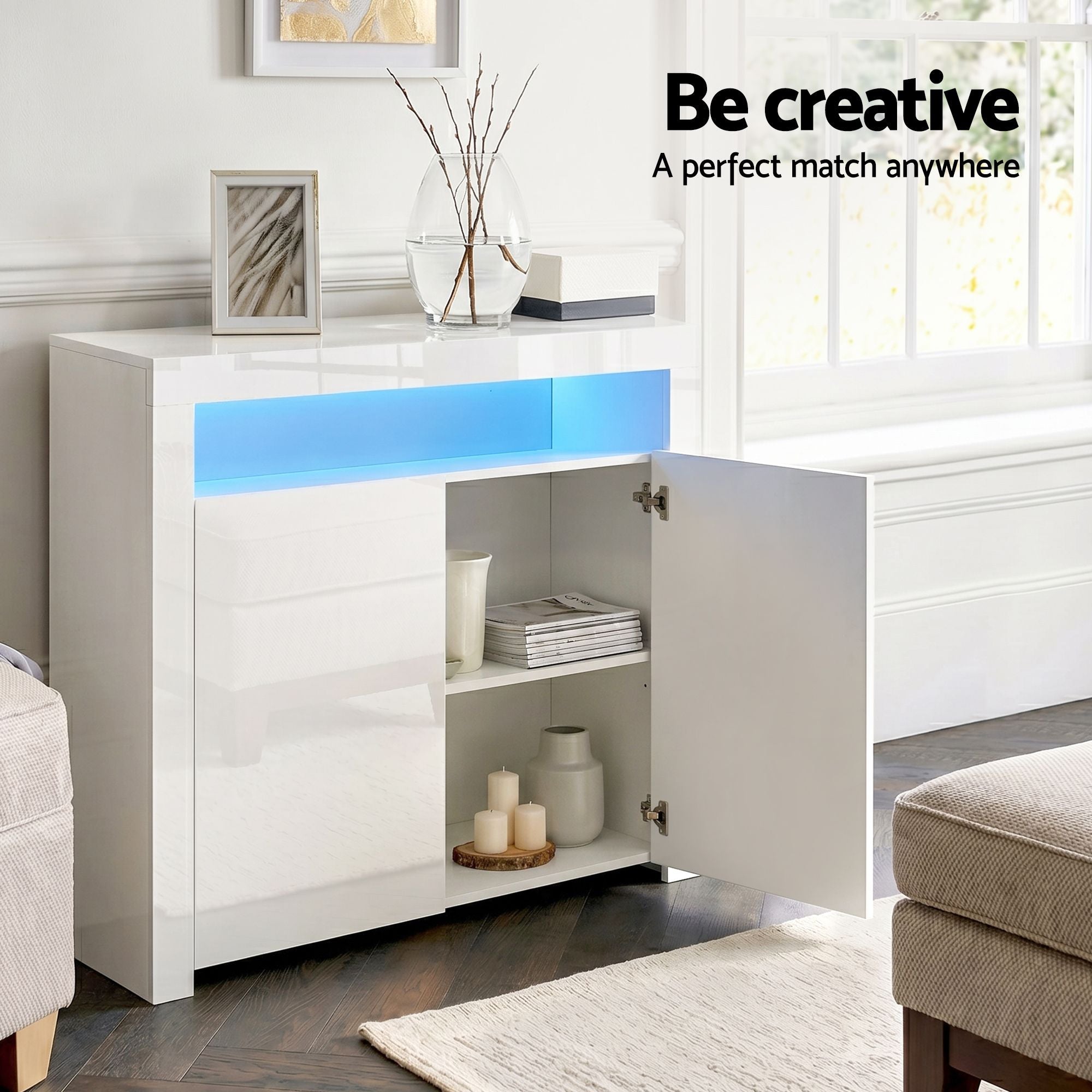 Artiss 2x Buffet Sideboard Cabinet LED Cupboard High-Gloss Storage Pantry ARNO FURNI-N-LED-SID01-WH-ABX2