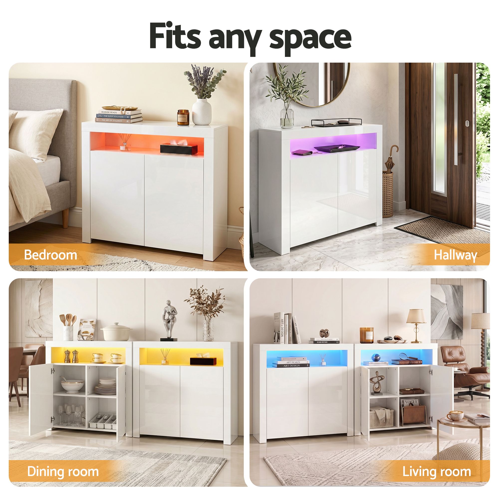 Artiss 2x Buffet Sideboard Cabinet LED Cupboard High-Gloss Storage Pantry ARNO FURNI-N-LED-SID01-WH-ABX2
