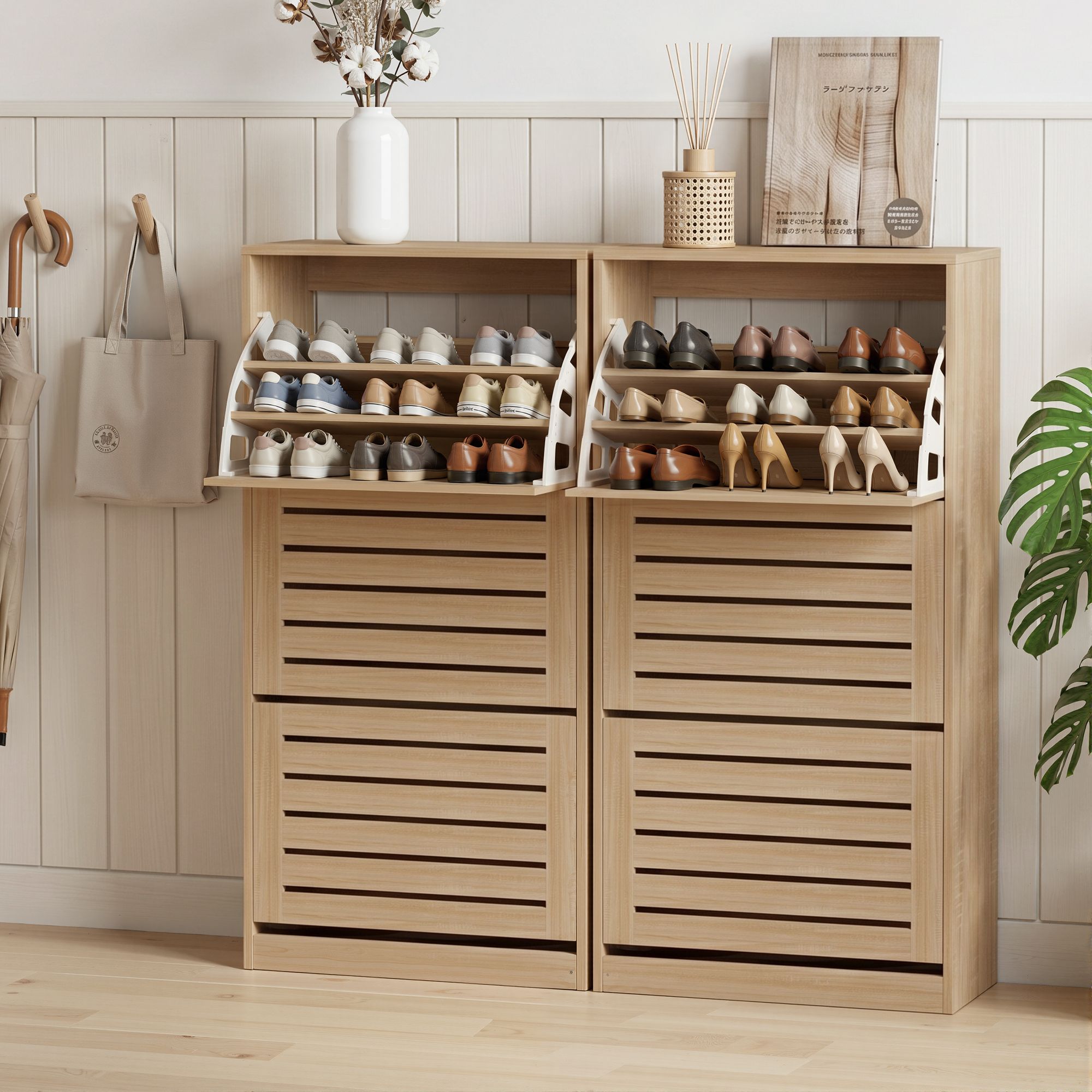 Artiss 2x Shoe Cabinet Storage Organiser 3 Flip Drawer Pine