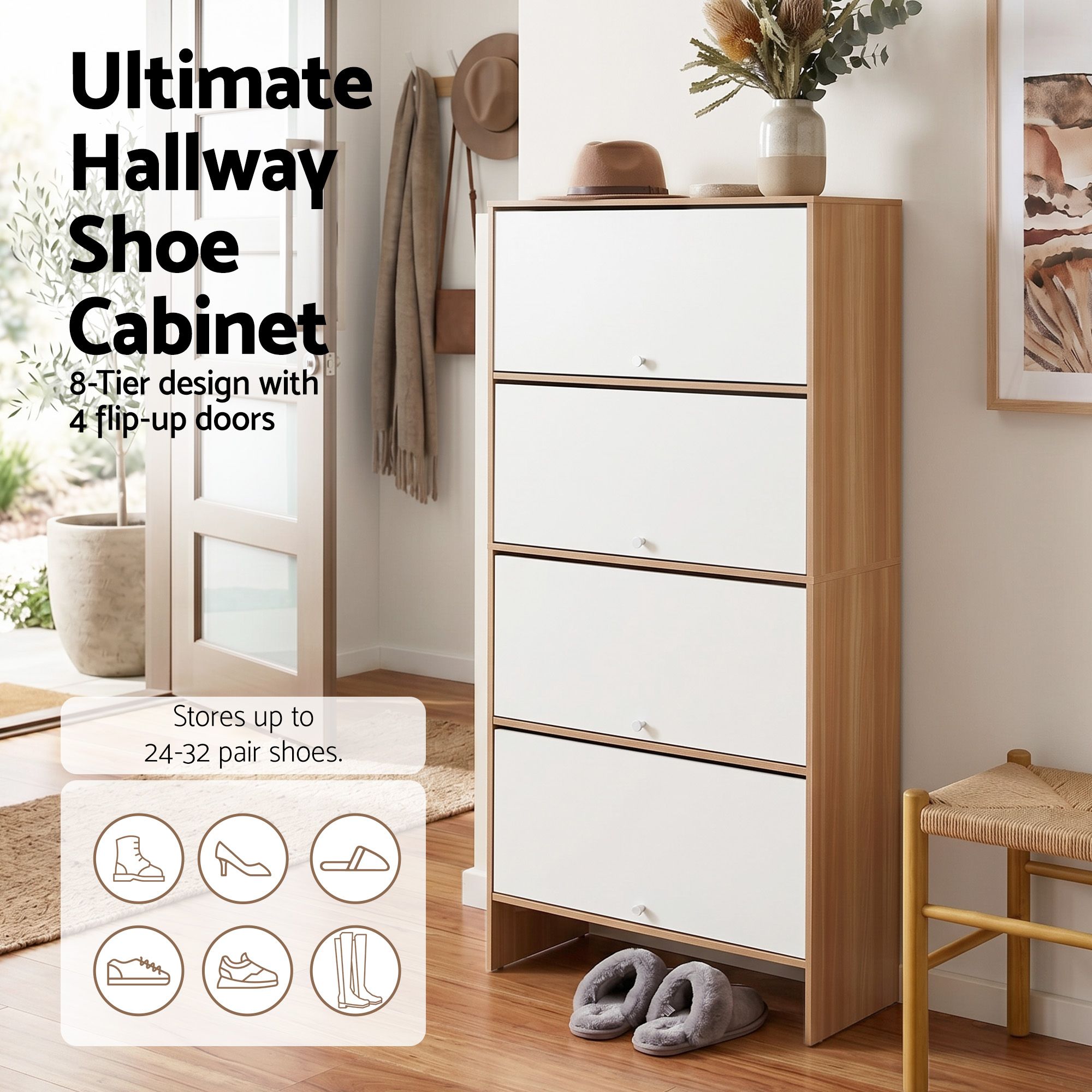 Artiss Narrow Shoe Cabinet Adjustable Shelves Flip-up Door White & Pine FURNI-N-SHOE-4D-WHWD-AB