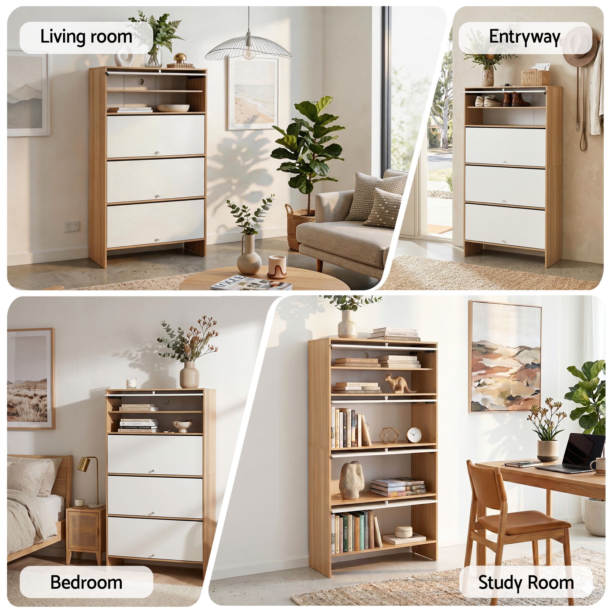 Artiss Narrow Shoe Cabinet Adjustable Shelves Flip-up Door White & Pine FURNI-N-SHOE-4D-WHWD-AB