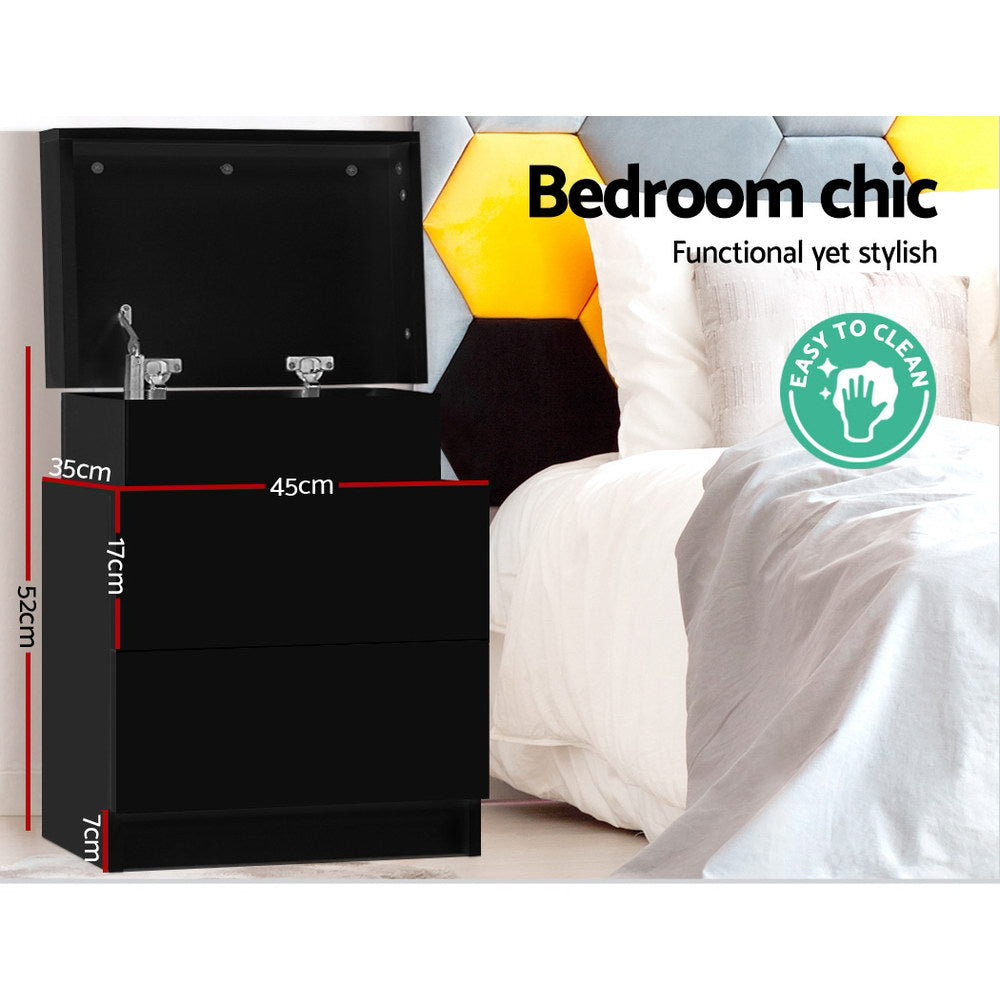 Artiss Bedside Table 2 Drawers Lift-up Storage - COLEY Black FURNI-O-BS-02-BK