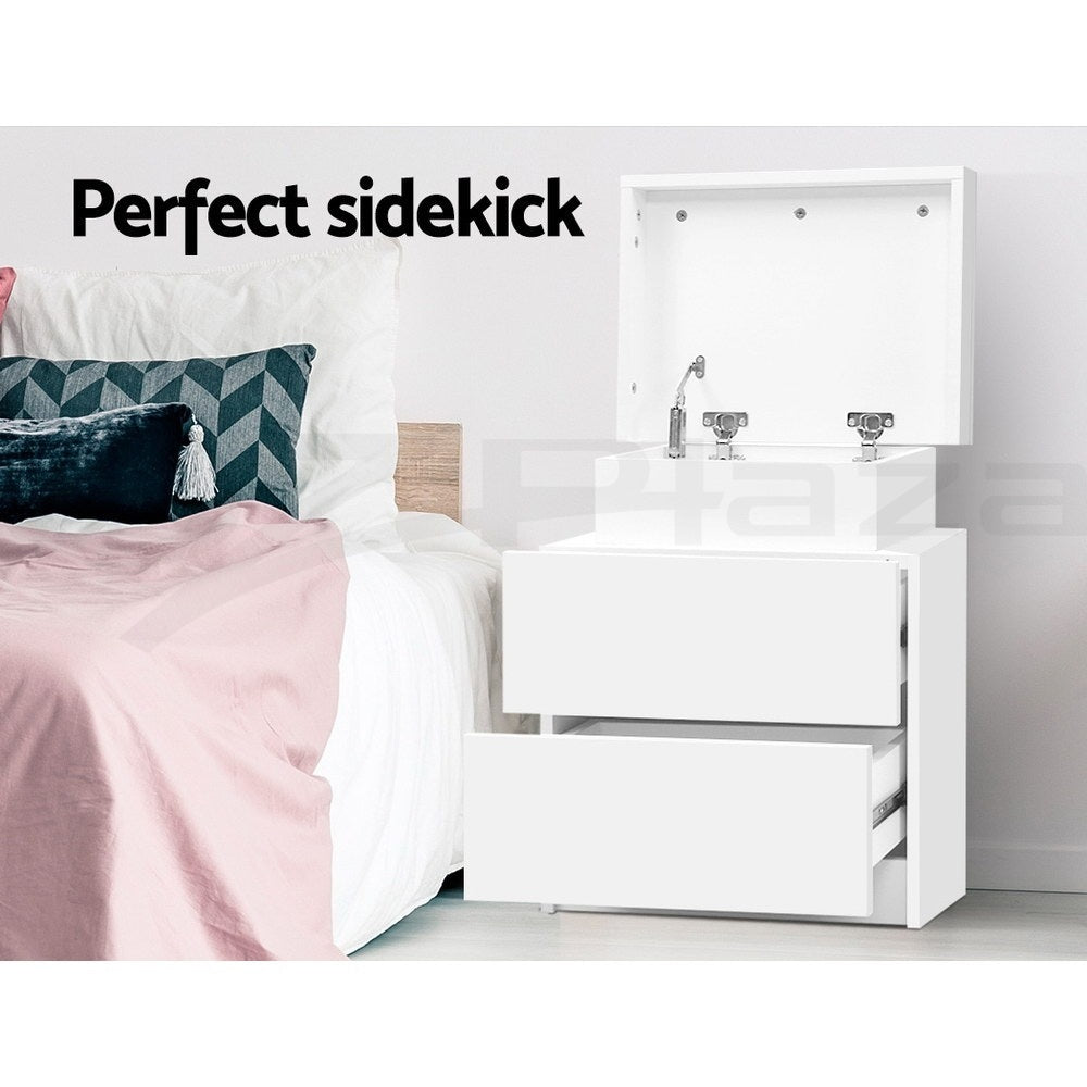 Artiss 2X Bedside Table 2 Drawers Lift-up Storage White FURNI-O-BS-02-WHX2