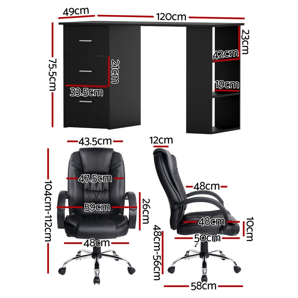 Artiss Computer Desk 120cm Executive Office Chair Set PU Leather High Back Black FURNI-O-DESK-CHAIR-9127-BK