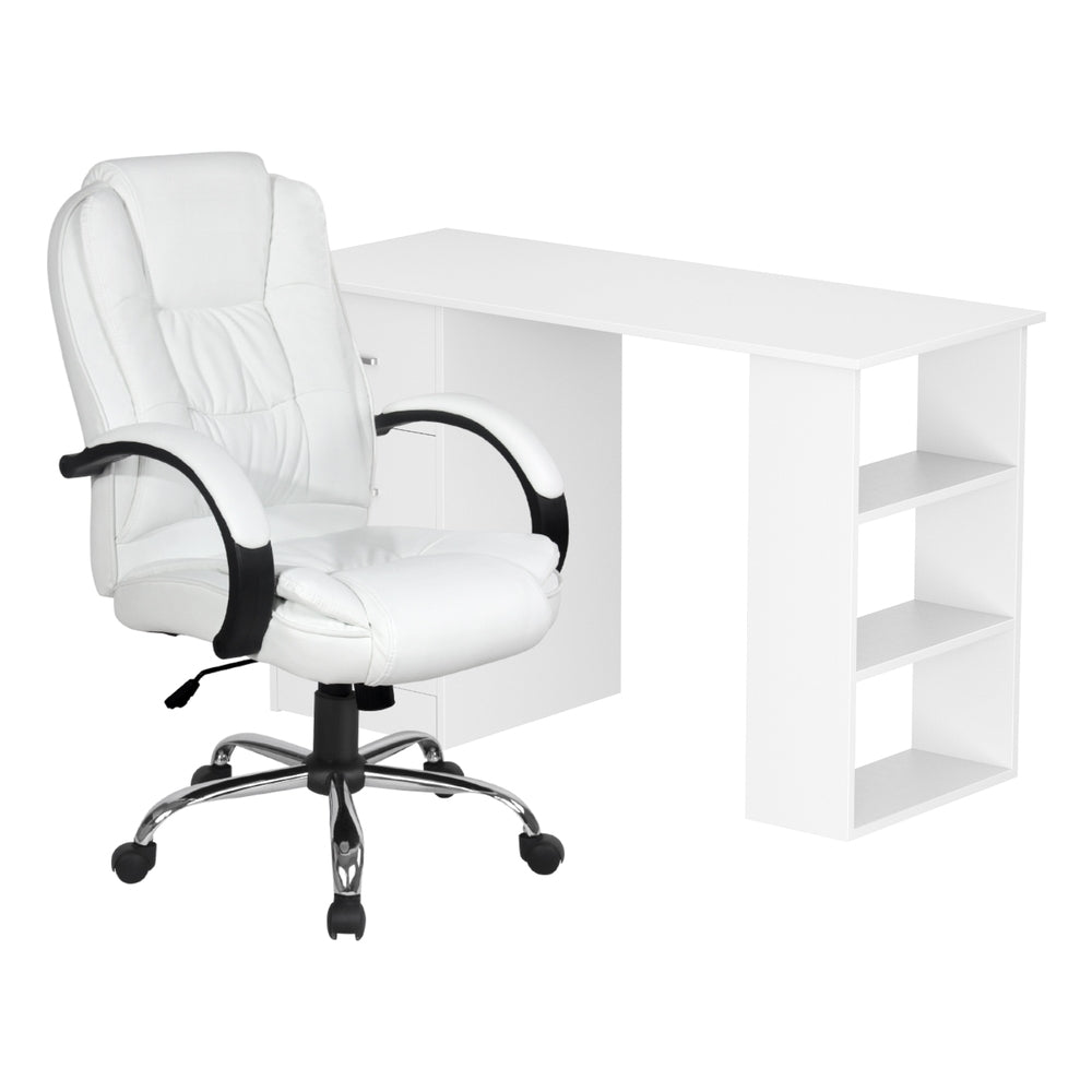 Artiss Computer Desk 120cm Executive Office Chair Set PU Leather High Back White FURNI-O-DESK-CHAIR-9127-WH