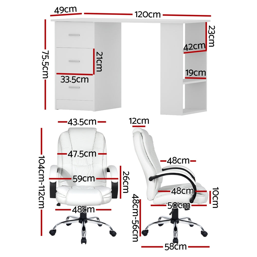 Artiss Computer Desk 120cm Executive Office Chair Set PU Leather High Back White FURNI-O-DESK-CHAIR-9127-WH