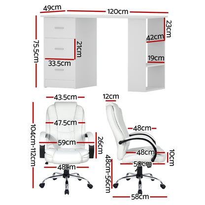 Artiss Computer Desk 120cm Executive Office Chair Set PU Leather High Back White FURNI-O-DESK-CHAIR-9127-WH