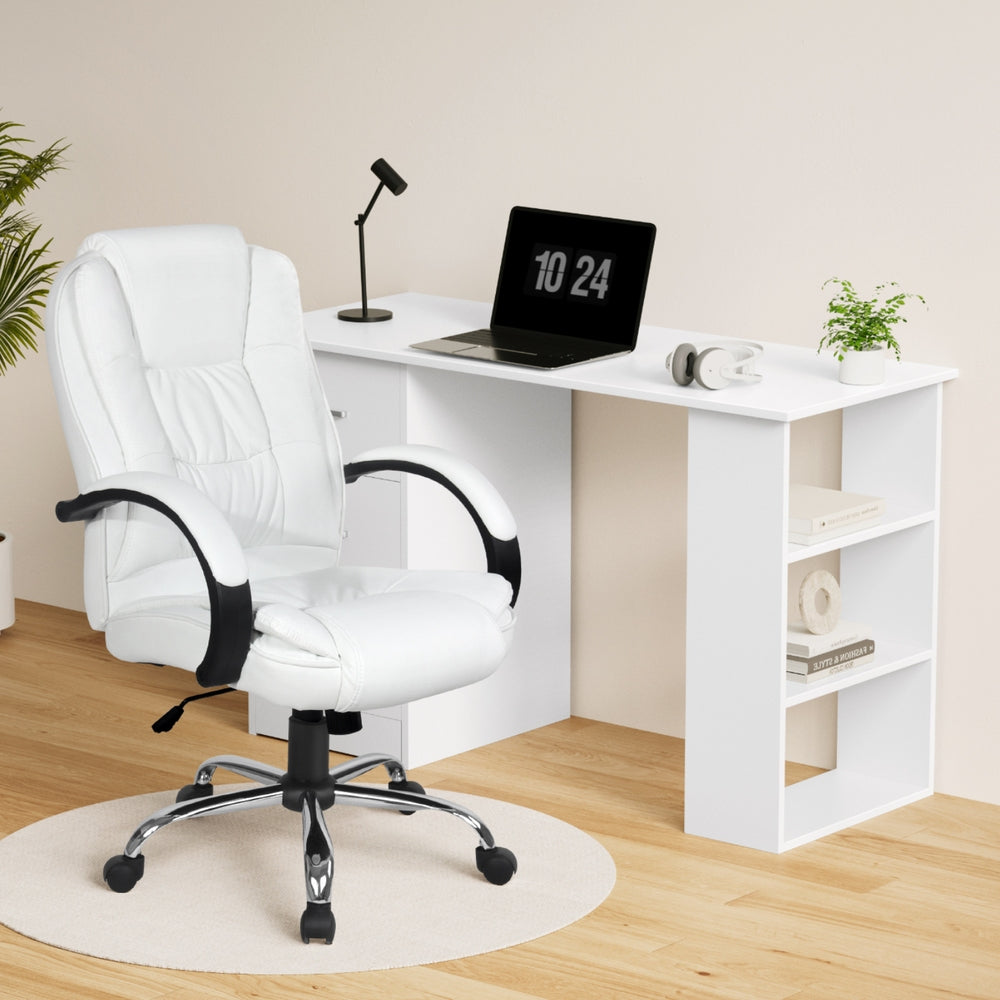 Artiss Computer Desk 120cm Executive Office Chair Set PU Leather High Back White FURNI-O-DESK-CHAIR-9127-WH