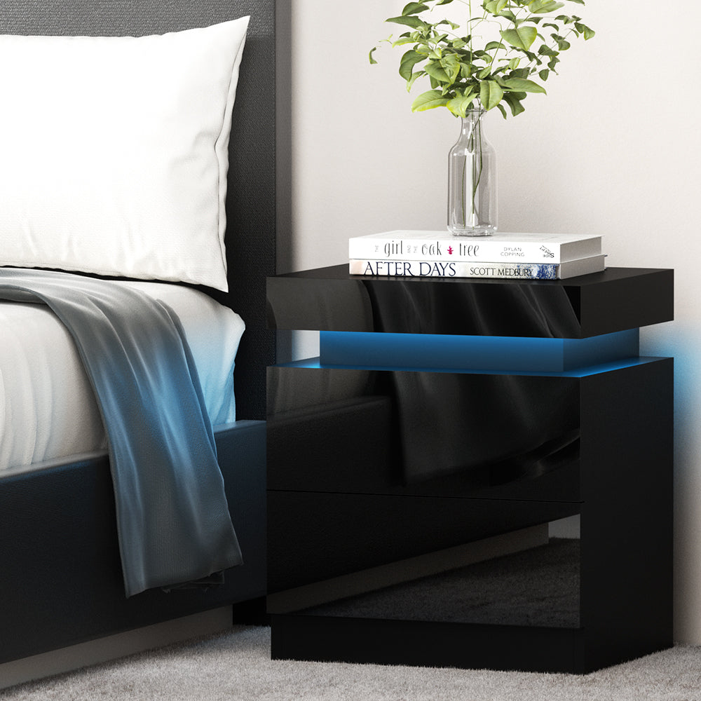 Artiss Bedside Table LED 2 Drawers Lift-up Storage - COLEY Black FURNI-O-LED-BS-01-BK