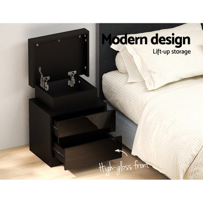 Artiss Bedside Table LED 2 Drawers Lift-up Storage - COLEY Black FURNI-O-LED-BS-01-BK