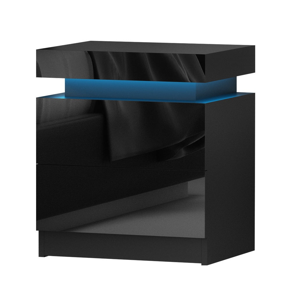 Artiss 2X Bedside Table LED 2 Drawers Lift-up Storage - COLEY Black