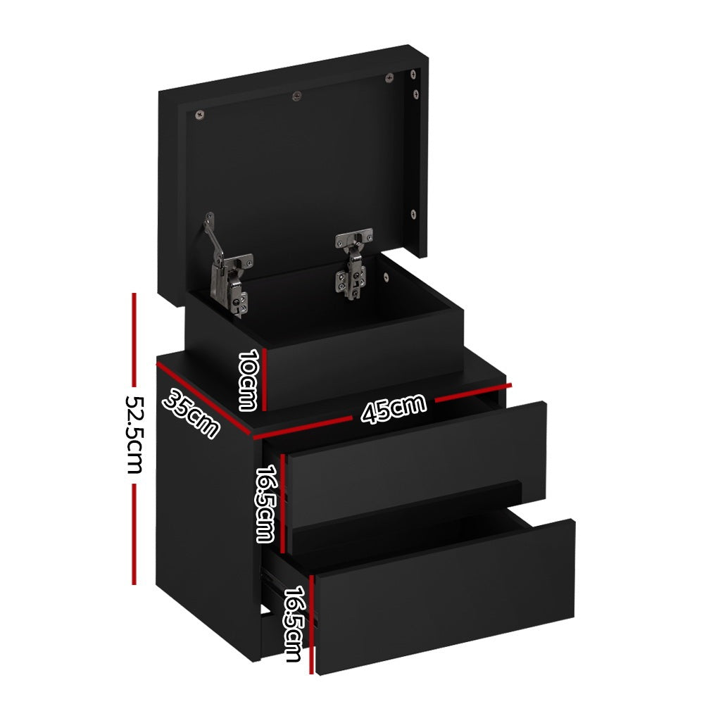 Artiss 2X Bedside Table LED 2 Drawers Lift-up Storage - COLEY Black FURNI-O-LED-BS-01-BKX2