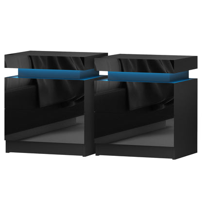 Artiss 2X Bedside Table LED 2 Drawers Lift-up Storage - COLEY Black FURNI-O-LED-BS-01-BKX2