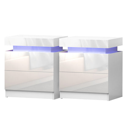 Artiss 2X Bedside Table LED 2 Drawers Lift-up Storage - COLEY White FURNI-O-LED-BS-01-WHX2
