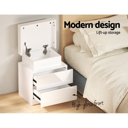Artiss 2X Bedside Table LED 2 Drawers Lift-up Storage - COLEY White FURNI-O-LED-BS-01-WHX2