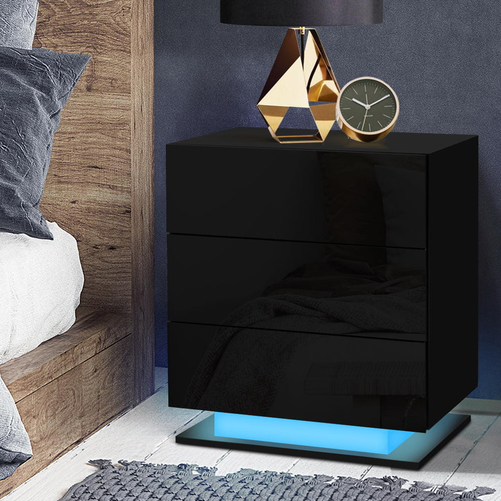Artiss Bedside Table LED 3 Drawers - MORI Black FURNI-O-LED-BS-02-BK