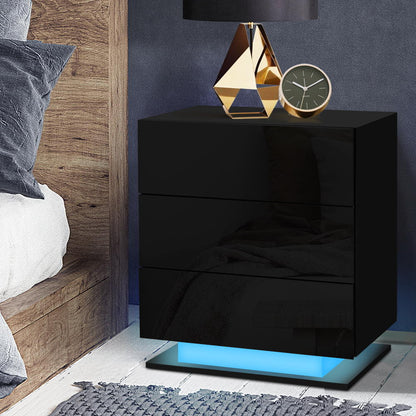 Artiss Bedside Table LED 3 Drawers - MORI Black FURNI-O-LED-BS-02-BK