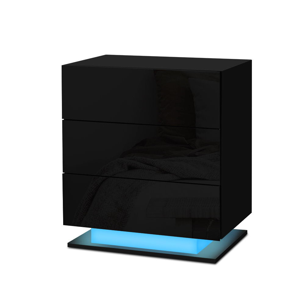 Artiss Bedside Table LED 3 Drawers - MORI Black FURNI-O-LED-BS-02-BK